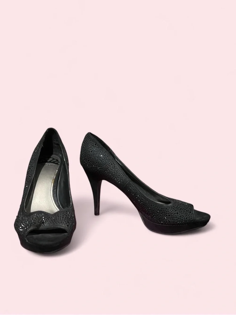 8.5 Fergalicious By Fergie Black Peep-Toe Crystal Accent High Heels